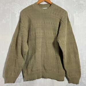 Vintage Sweater Large Tan Cable Knit USA Made Cotton Mock Neck Anchor Bay